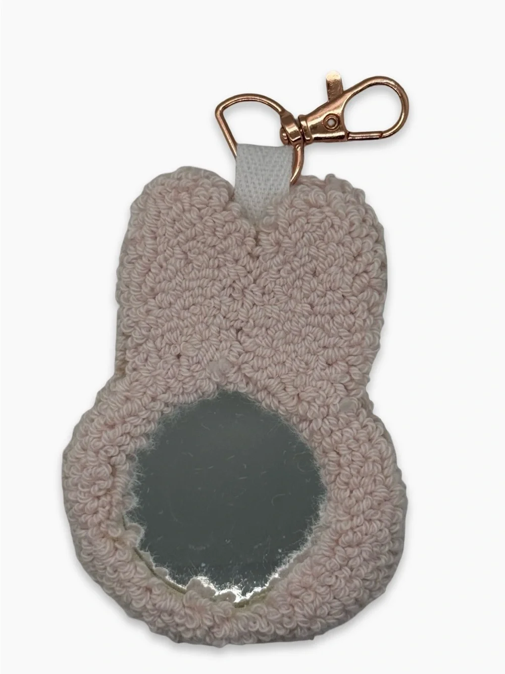 Handmade Punch Needle Tufted Bunny Bag Charm Keychain w/ Mirror -Light Pink